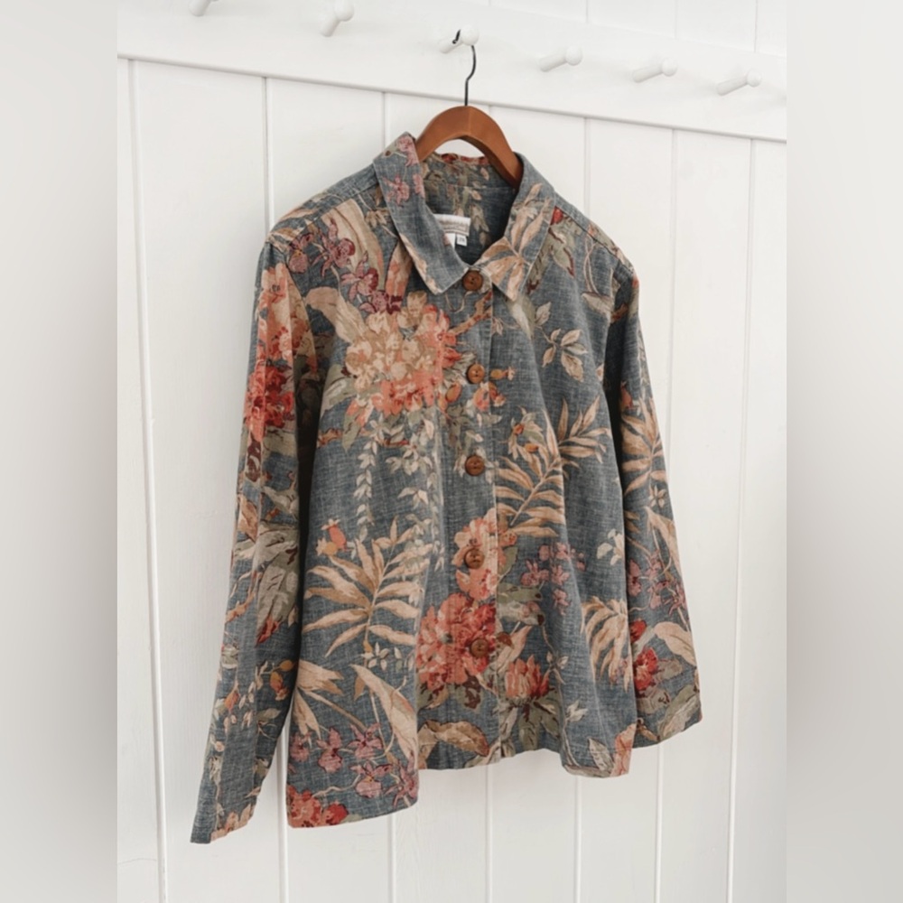 Coldwater Creek Canvas 100% Cotton Floral Jacket Muted Colorful Coastal 2X - Picture 2 of 12